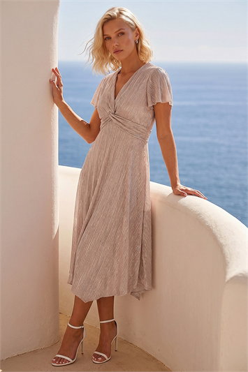Pink Petite Shimmer Twist Front Midi Dress