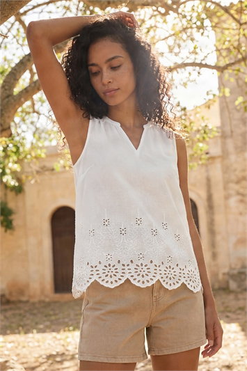 White Cotton Broderie Hem Top