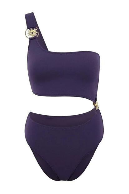 Purple Asymmetric Cut Out One Shoulder Swimsuit With Hardware Detail