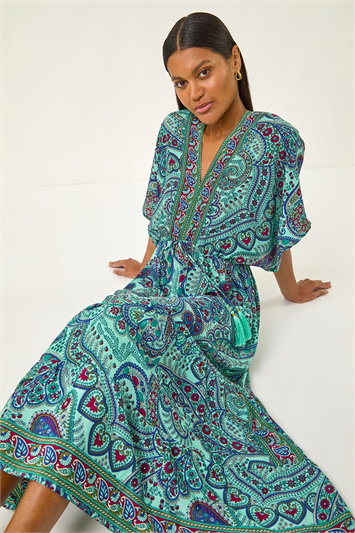 Green Paisley Print V-Neck Midi Dress