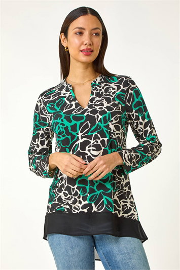 Green Floral Print Chiffon Hem Top