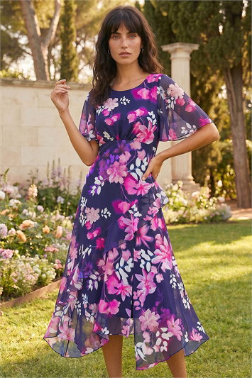 Blue Floral Chiffon Frill Asymmetric Midi Dress
