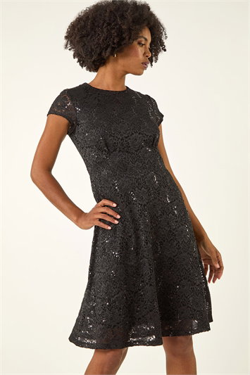 Sequin Fluted Hem Lace Stretch Dress 14447708