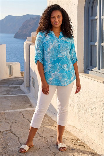 Blue Curve Textured Floral Print V-Neck Shirt
