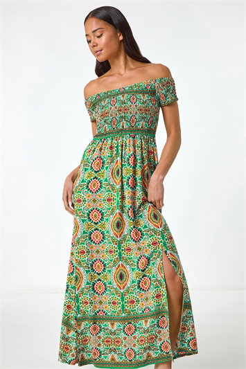 Petite Abstract Bardot Maxi Dress 14689434