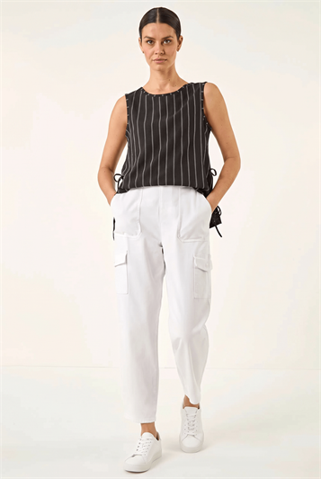 White Cotton Cargo Stretch Trousers