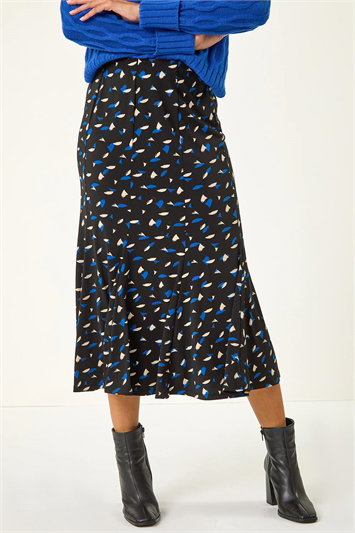 Black Geo Print Asymmetric A-Line Skirt