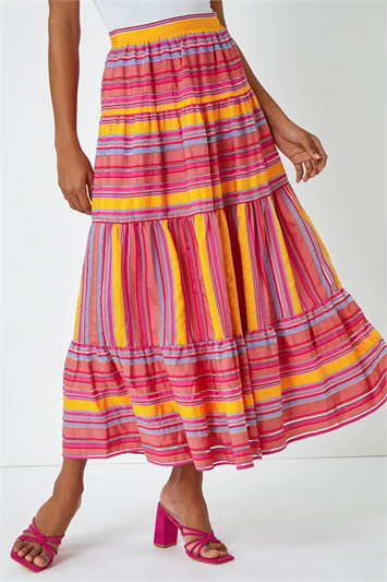 Multi Tiered Striped Elastic Waist Maxi Skirt