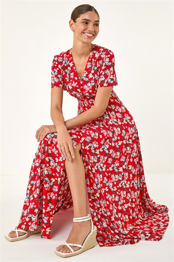 Red Floral Print Button Maxi Dress