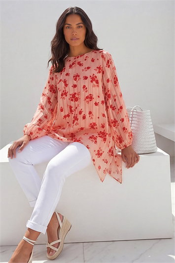 Pink Rose Print Metallic Tunic Top