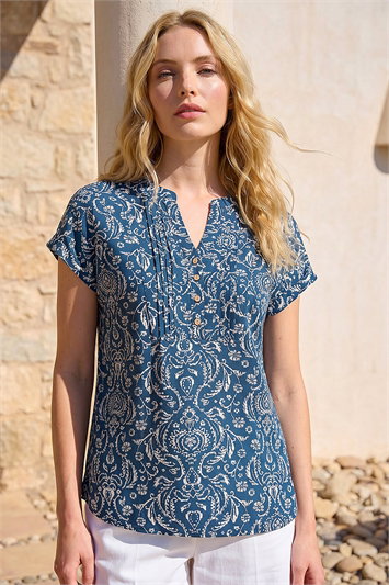 Blue Abstract Print Pleat Front Top