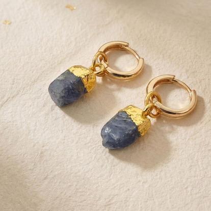 Metallic Raw Sapphire September Birthstone Gold Plated Huggies
