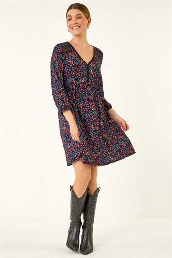 Purple Print Trim Detail Stretch Dress