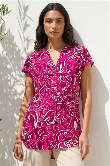 Pink Textured Floral Print Tunic Top