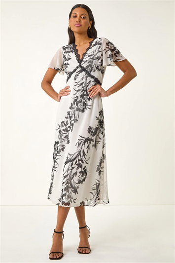 White Lace Trim V-Neck Chiffon Midi Dress