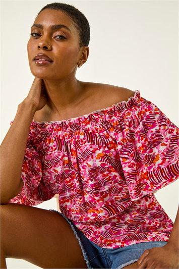 Pink Abstract Print Bardot Top