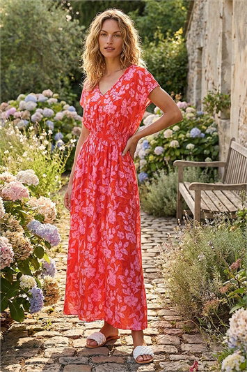 Orange Floral Print Shirred Maxi Dress