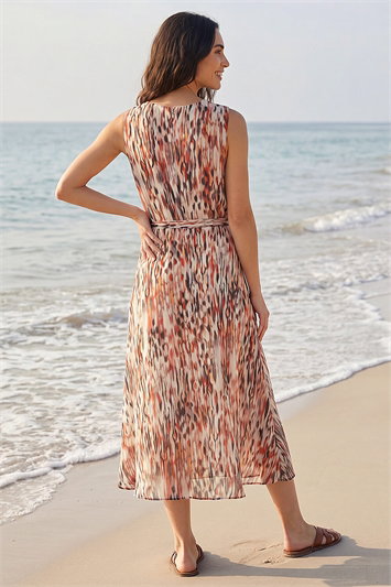 Animal Print Chiffon Pleat Neck Midi Dress 14859419