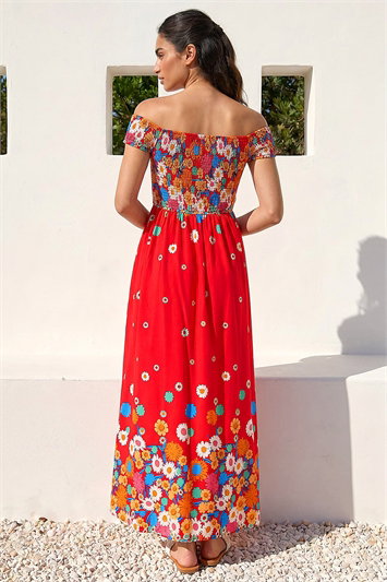 Floral Print Bardot Shirred Midi Dress 14851678