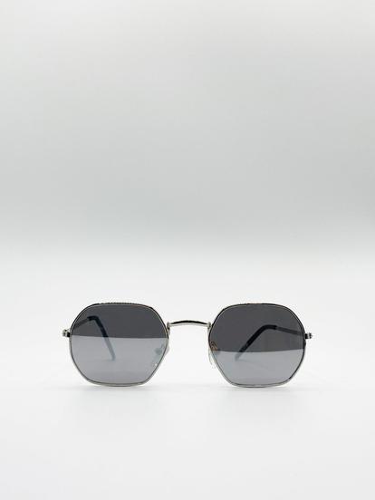 Metallic Hexagon Metal Frame Sunglasses With Mirror Lenses In Silver