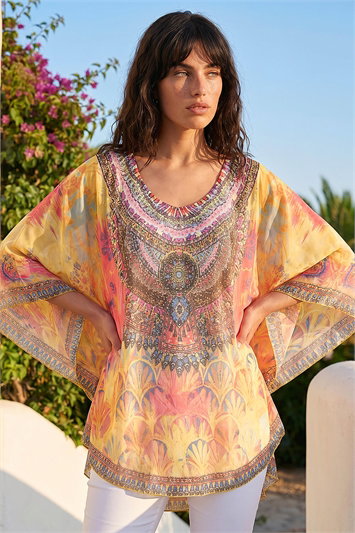 Yellow Abstract Embellished Overlay Top