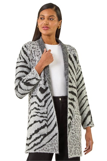 Grey Multi Animal Print Soft Knit Cardigan