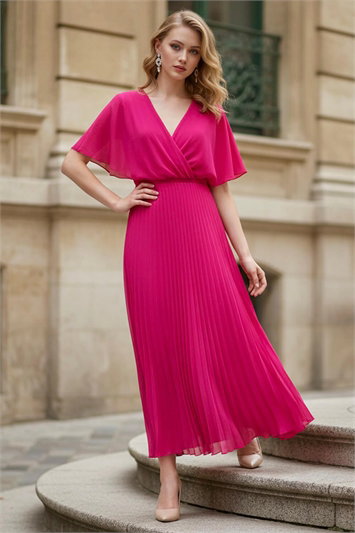 Pink Julianna Chiffon Cape Pleated Midi Dress