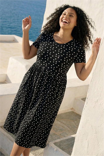 Black Curve Polka Dot Gathered Waist Dress