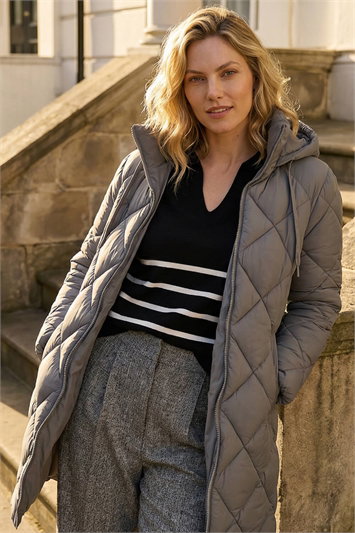 Grey Diamond Quilt Padded Coat