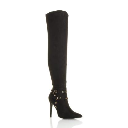 Black High Heel Studded Stretchy Over The Knee Boots