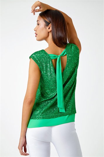 Green Sequin Tie Back Detail Top