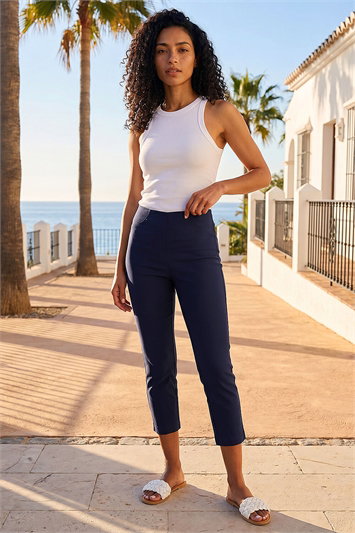 Blue 3/4 Length Stretch Elastic Waist Trouser