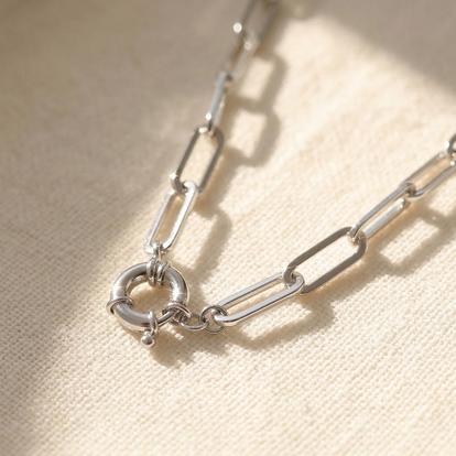 Metallic Statement Rhodium Filled Silver Paperclip Link Necklace