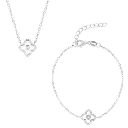 Metallic White Enamel Four Leaf Clover Necklace & Bracelet Set With Gemstone In Sterling Silver