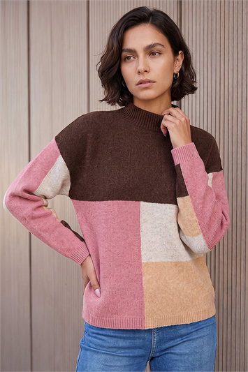 Brown Colour Block Marl Knit Jumper