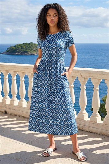 Petite Abstract Gathered Waist Dress 14905609