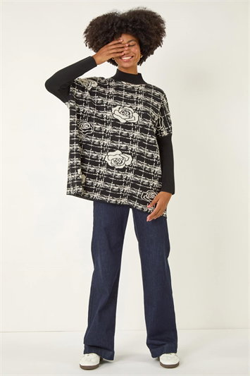 Black Plaid Rose Detail Knit Jumper