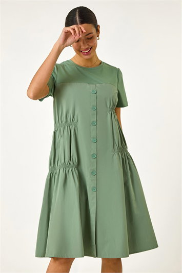 Green Gathered Cotton Stretch Smock Dress