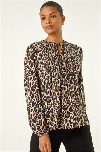 Brown Animal Print Shirred Tie Neck Top