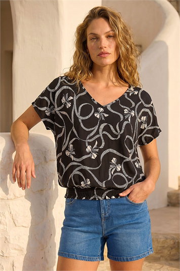Black Bow Print V-Neck Stretch Top