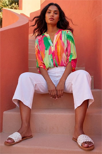 Pink Abstract Print V-Neck Button Up Blouse