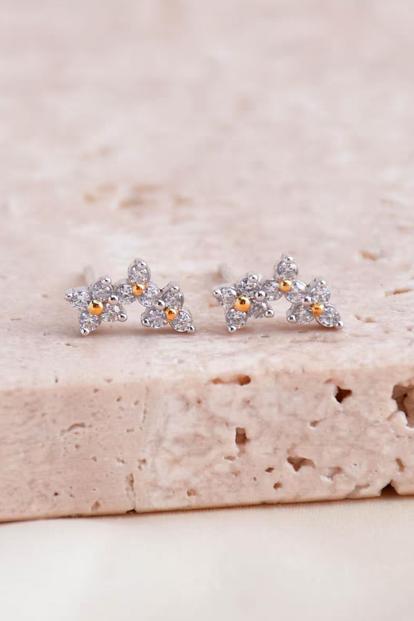 Metallic Sterling Silver Cz Hydrangea Floral Studs
