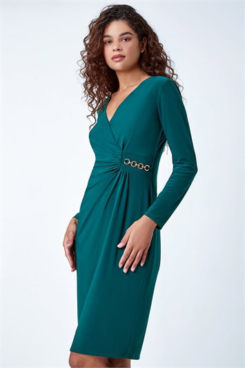 Chain Detail Wrap Stretch Ruched Midi Dress 14430328