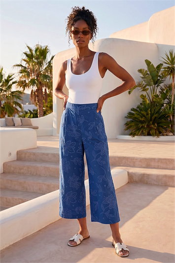 Blue Textured Floral Cropped Wide Leg Trouser