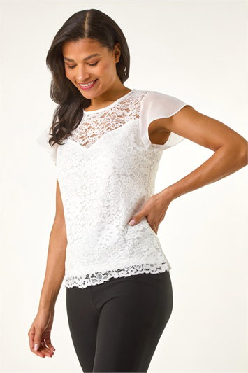White Chiffon Sleeve Floral Lace Top