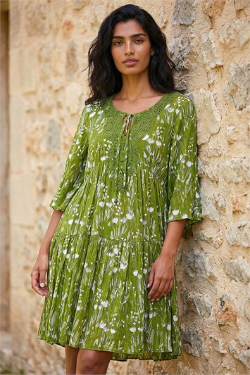 Floral Print Lace Detail Smock Dress 14478340