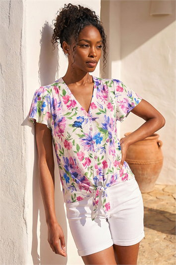 Blue Floral Print Tie Front Top