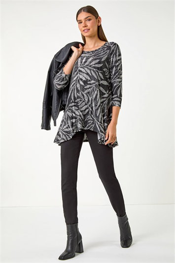 Leaf Print Asymmetric Tunic Stretch Top 19311908