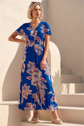 Leaf Print Shirred Maxi Dress 14740509