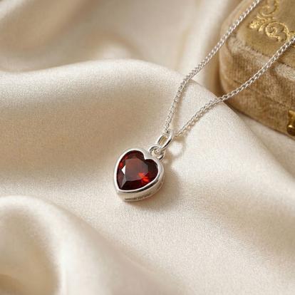 Red Mini Heart Silver Garnet January Birthstone Necklace